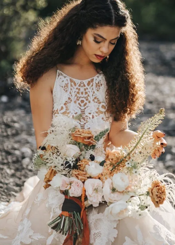 Bohemian A-Line Backless Spaghetti Straps Sleeveless Lace Emboridery Wedding Dresses made by KissProm