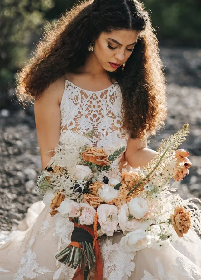 Bohemian A-Line Backless Spaghetti Straps Sleeveless Lace Emboridery Wedding Dresses sold by KissProm