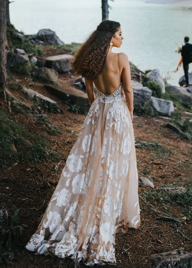 Bohemian A-Line Backless Spaghetti Straps Sleeveless Lace Emboridery Wedding Dresses sold by KissProm product image thumbnail 5