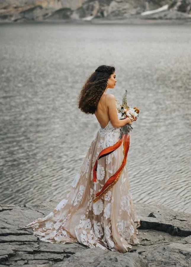 Bohemian A-Line Backless Spaghetti Straps Sleeveless Lace Emboridery Wedding Dresses sold by KissProm product image thumbnail 2