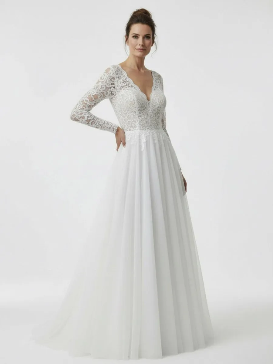 Bohemian Long Sleeves Lace Button Back A Line Modest Wedding Dresses sold by KissProm product image thumbnail 5