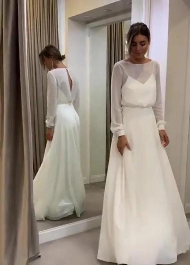 Bohemian Long Sleeves A Line Open Back Modest Chiffon Wedding Dress sold by KissProm