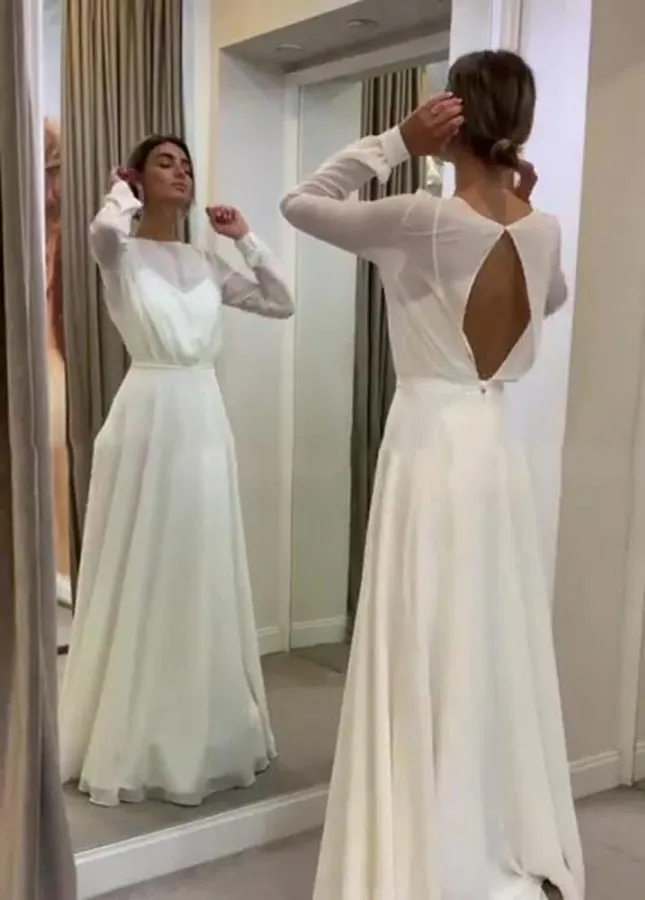 Bohemian Long Sleeves A Line Open Back Modest Chiffon Wedding Dress sold by KissProm product image thumbnail 2