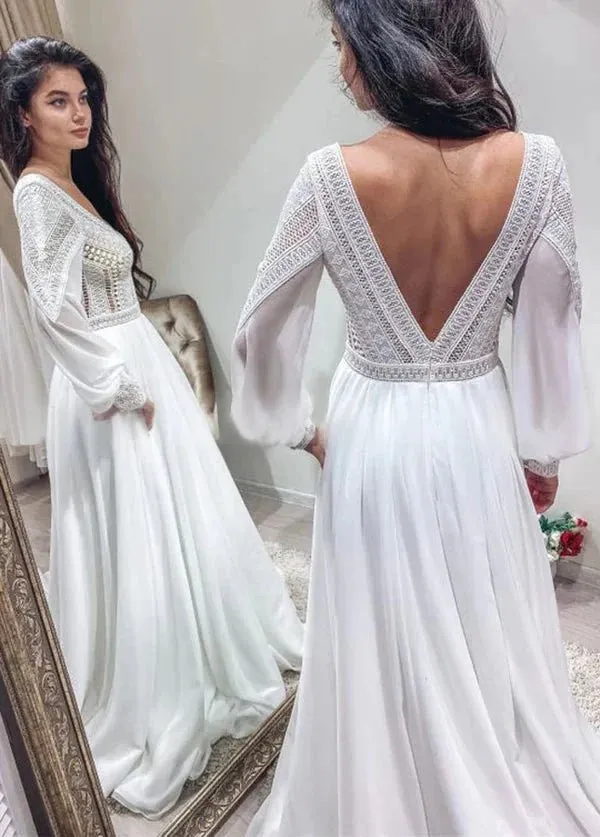 Bohemian Chiffon Backless A-Line Lace Long Sleeves Backless Wedding Dresses sold by KissProm product image thumbnail 4