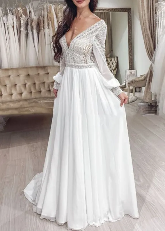 Bohemian Chiffon Backless A-Line Lace Long Sleeves Backless Wedding Dresses made by KissProm