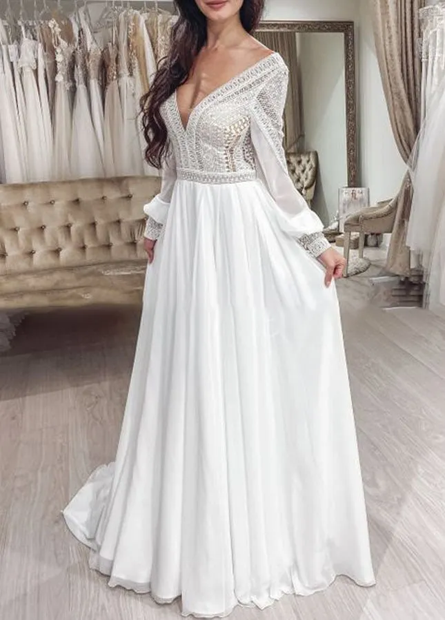 Bohemian Chiffon Backless A-Line Lace Long Sleeves Backless Wedding Dresses sold by KissProm