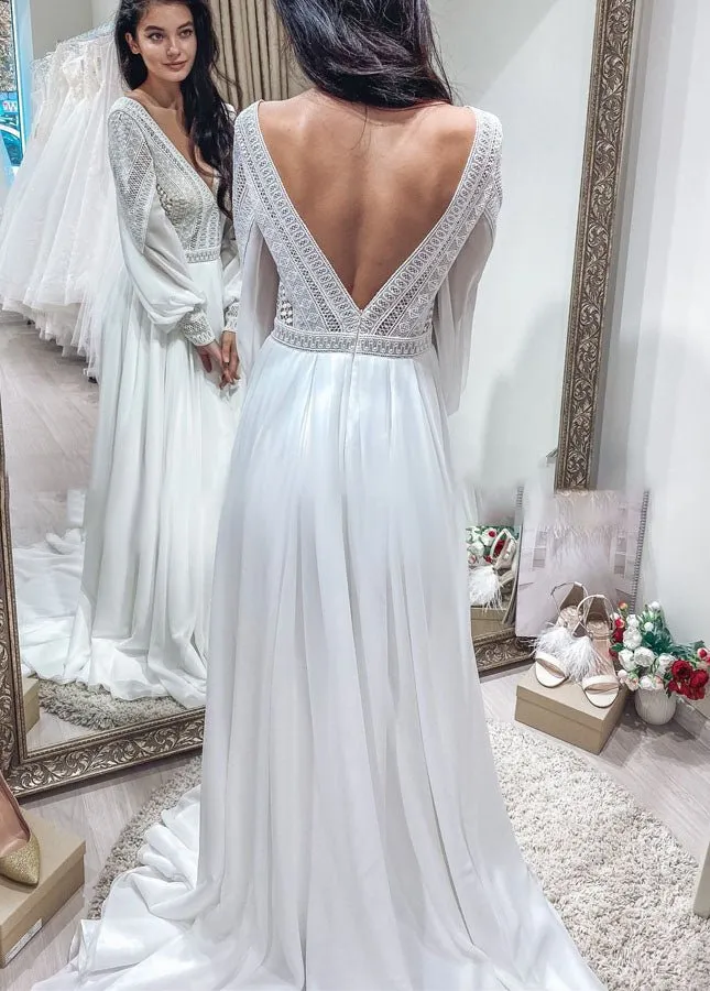 Bohemian Chiffon Backless A-Line Lace Long Sleeves Backless Wedding Dresses sold by KissProm product image thumbnail 2