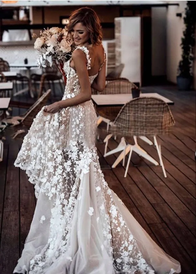 Sexy Lace Floral V-Neck Sleeveless Wedding Gown with Shoulder Straps sold by KissProm product image thumbnail 2