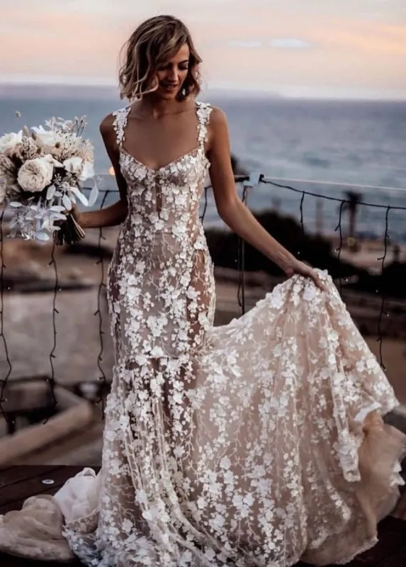 Sexy Lace Floral V-Neck Sleeveless Wedding Gown with Shoulder Straps made by KissProm