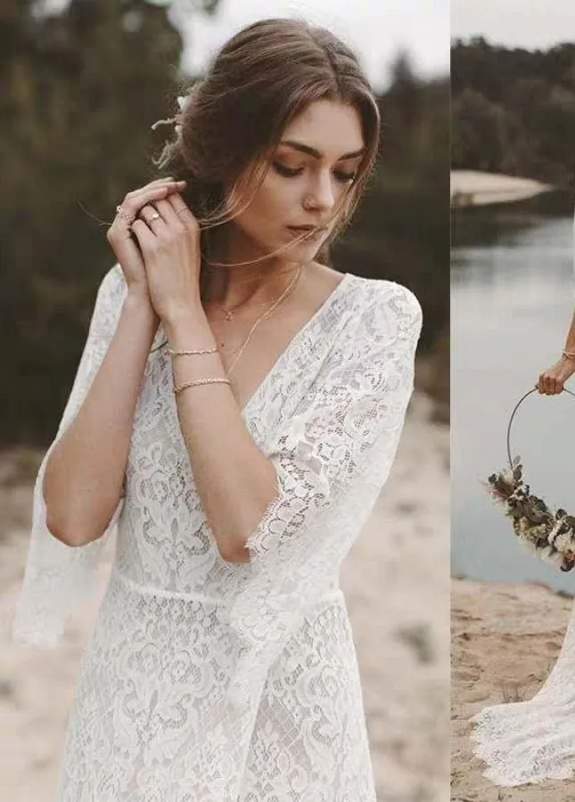 Bohemian Lace Deep V Neck Half Sleeves A Line Beach Wedding Dresses sold by KissProm product image thumbnail 3
