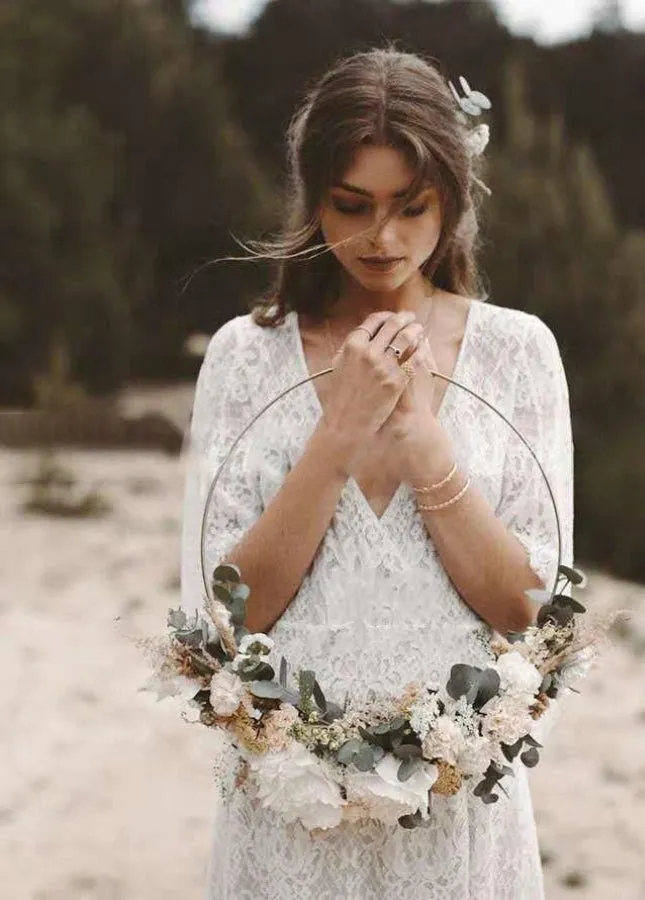 Bohemian Lace Deep V Neck Half Sleeves A Line Beach Wedding Dresses sold by KissProm product image thumbnail 4