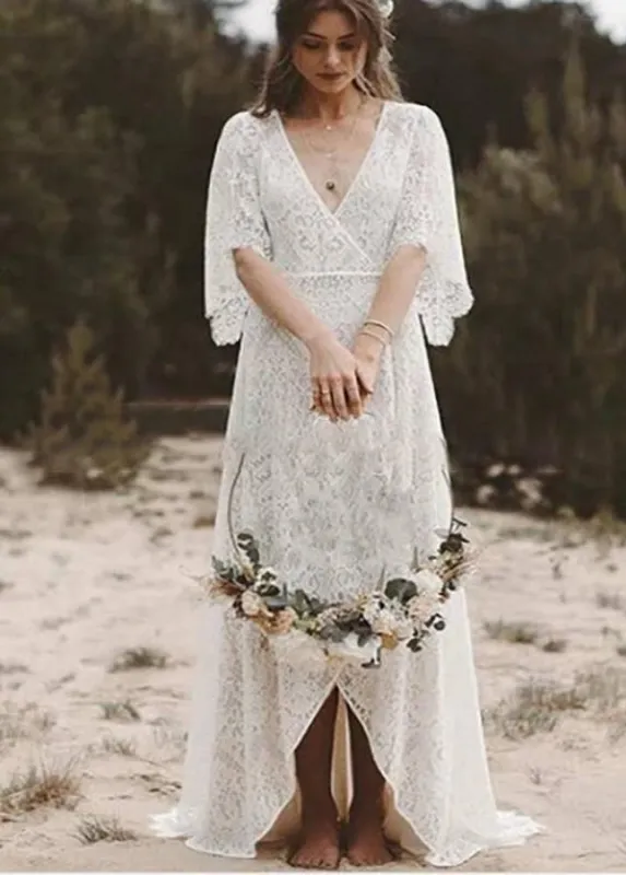 Bohemian Lace Deep V Neck Half Sleeves A Line Beach Wedding Dresses made by KissProm