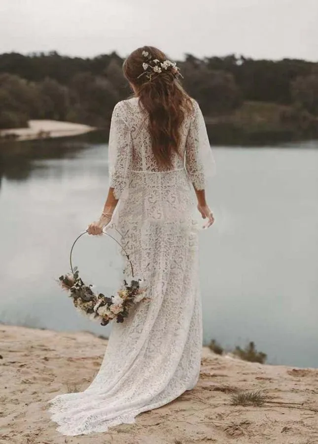 Bohemian Lace Deep V Neck Half Sleeves A Line Beach Wedding Dresses sold by KissProm product image thumbnail 5