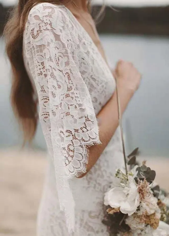 Bohemian Lace Deep V Neck Half Sleeves A Line Beach Wedding Dresses sold by KissProm product image thumbnail 2