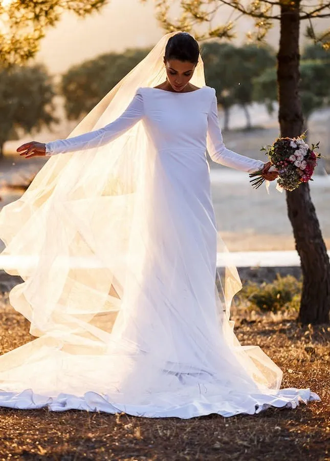 A-line Long Sleeved Satin Wedding Dresses with Cowl Back sold by KissProm