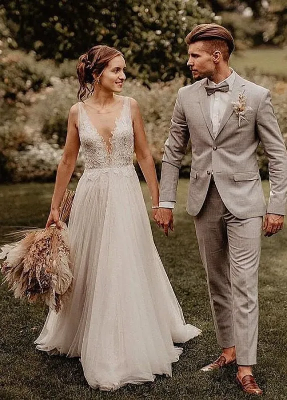 A Line V Neck Bohemian Wedding Dresses made by KissProm