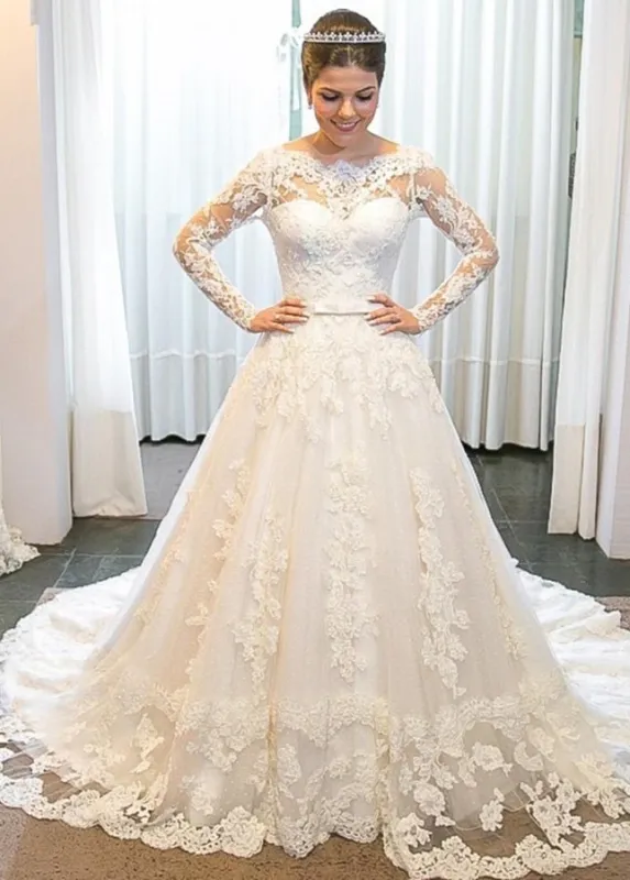 A-line Lace Long Sleeves Wedding Dress Chapel Train made by KissProm