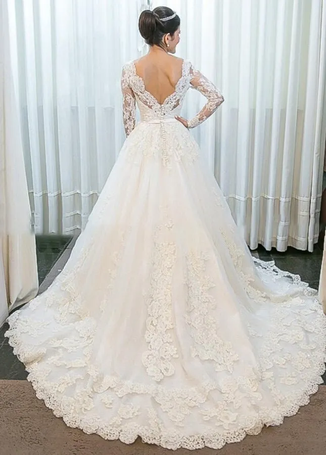 A-line Lace Long Sleeves Wedding Dress Chapel Train sold by KissProm product image thumbnail 2