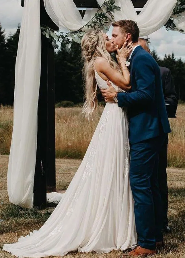 A Line V Neck Long Wedding Dresses Lace Chiffon Bohemian Bridal Gown sold by KissProm product image thumbnail 3