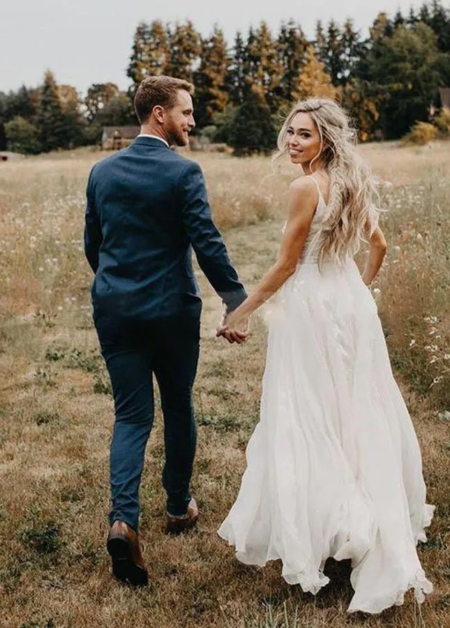 A Line V Neck Long Wedding Dresses Lace Chiffon Bohemian Bridal Gown sold by KissProm product image thumbnail 2