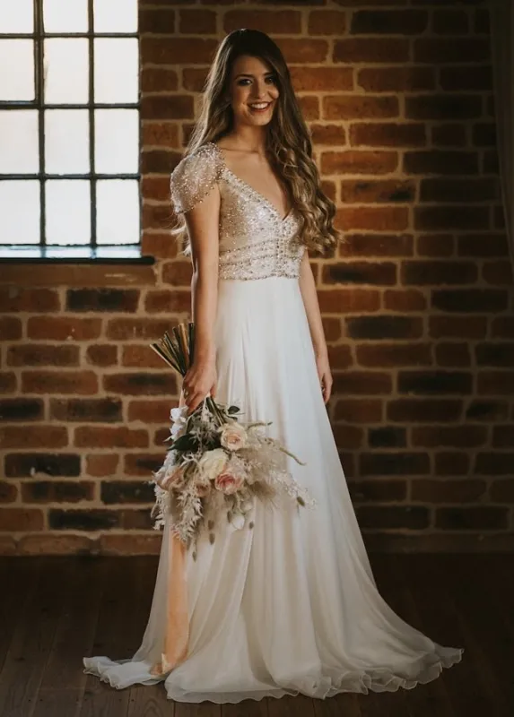 A Line Short Sleeves V Neck Wedding Dresses made by KissProm