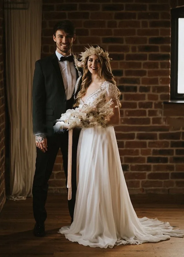 A Line Short Sleeves V Neck Wedding Dresses sold by KissProm product image thumbnail 2