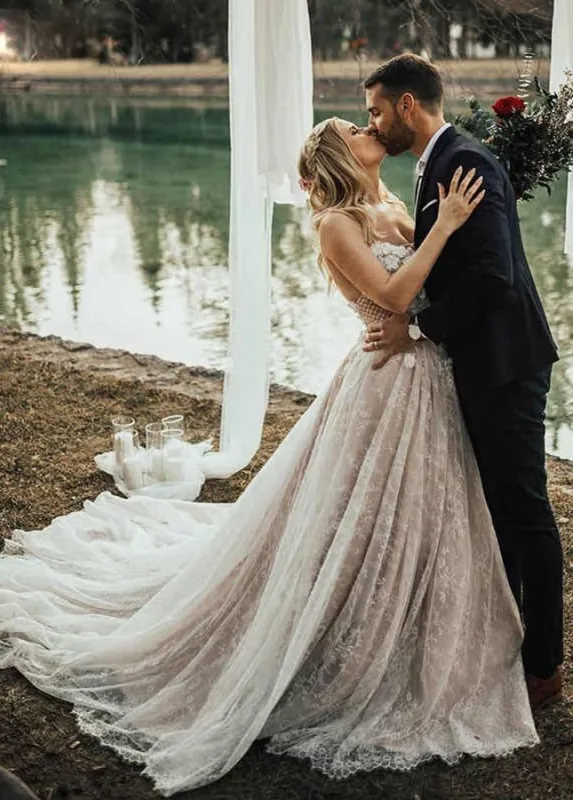 A Line Lace  White Spaghetti Straps  Wedding Dresses made by KissProm