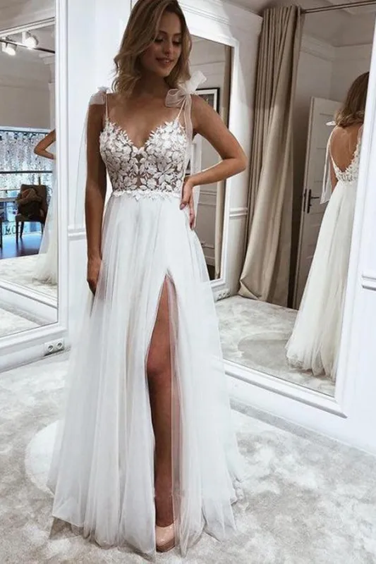 A Line V Neck Straps Tulle Split Wedding Dress/Bridal Gown with Lace made by KissProm
