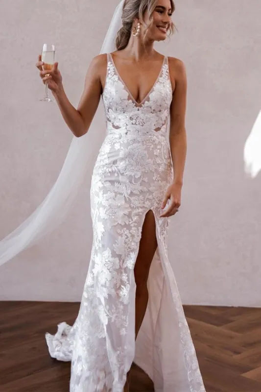 Elegant Mermaid V Neck Lace Boho Wedding Dresses with Slit made by KissProm
