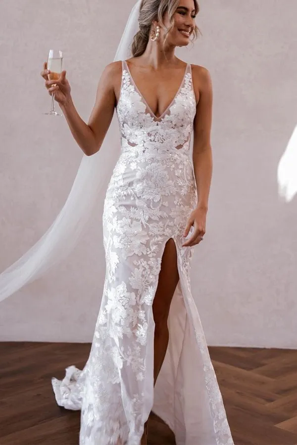 Elegant Mermaid V Neck Lace Boho Wedding Dresses with Slit sold by KissProm