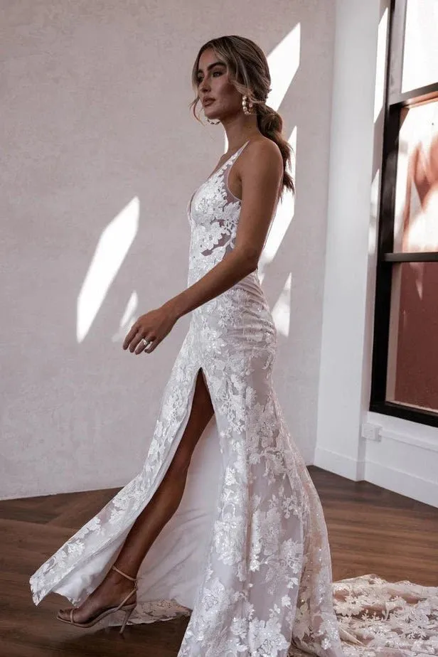 Elegant Mermaid V Neck Lace Boho Wedding Dresses with Slit sold by KissProm product image thumbnail 2