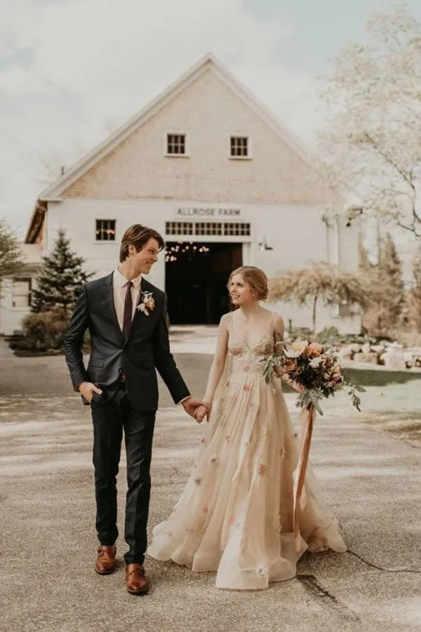 A-line 3D Flower Colorful V Neck Tulle Forest Wedding Dresses sold by KissProm product image thumbnail 3