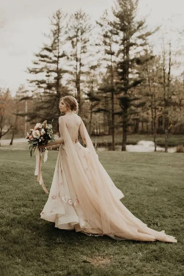 A-line 3D Flower Colorful V Neck Tulle Forest Wedding Dresses sold by KissProm product image thumbnail 2