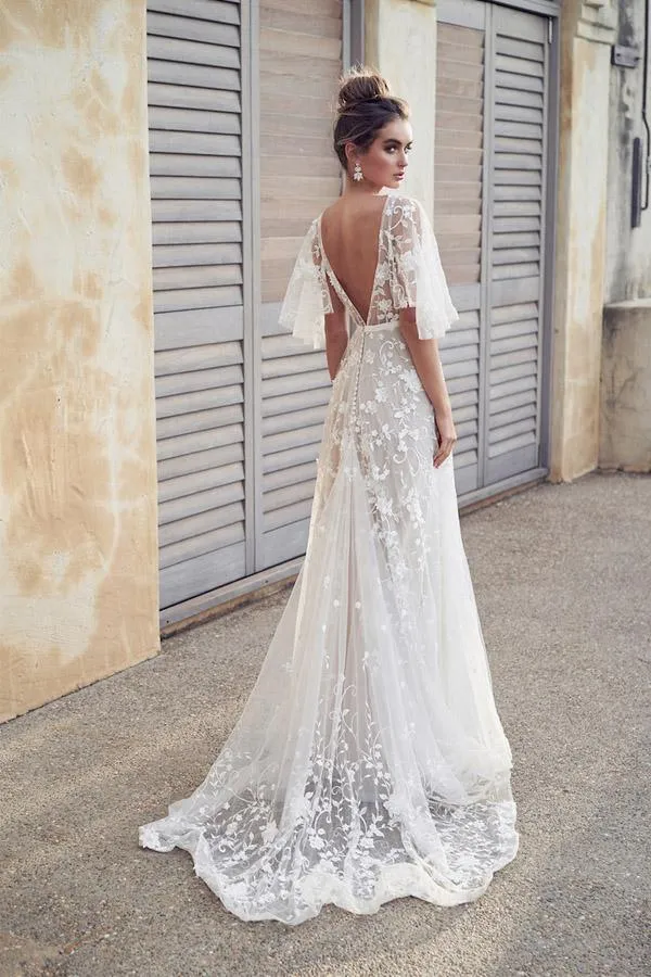 Romantic Ivory Flower Appliques Wedding Dress, Lace Long Bridal Dresses sold by KissProm product image thumbnail 2