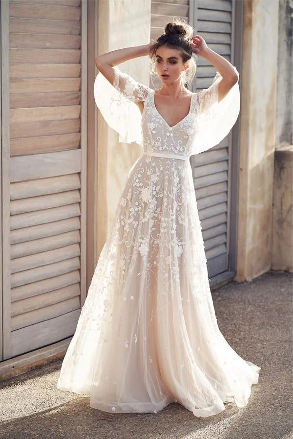 Romantic Ivory Flower Appliques Wedding Dress, Lace Long Bridal Dresses sold by KissProm