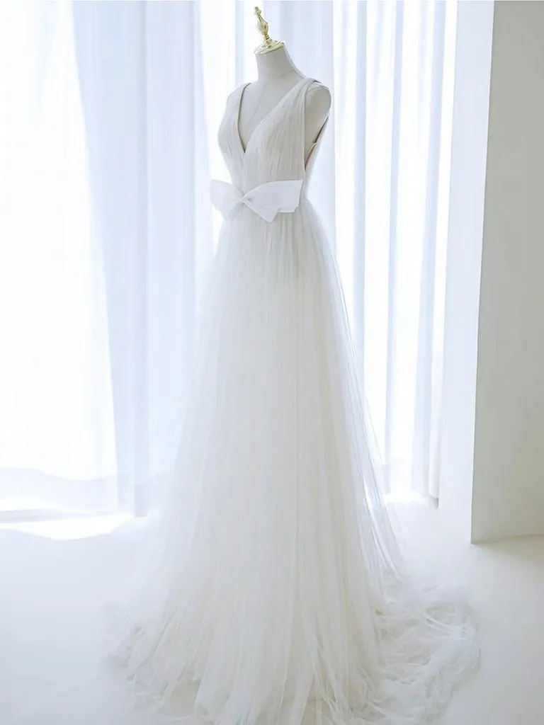 A-Line V Neck White Tulle Long Wedding Dress with Bow sold by KissProm product image thumbnail 3