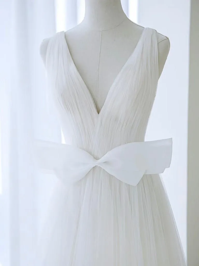 A-Line V Neck White Tulle Long Wedding Dress with Bow sold by KissProm product image thumbnail 4