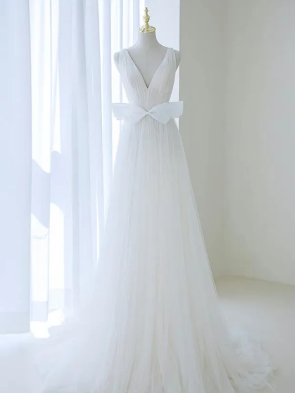A-Line V Neck White Tulle Long Wedding Dress with Bow made by KissProm