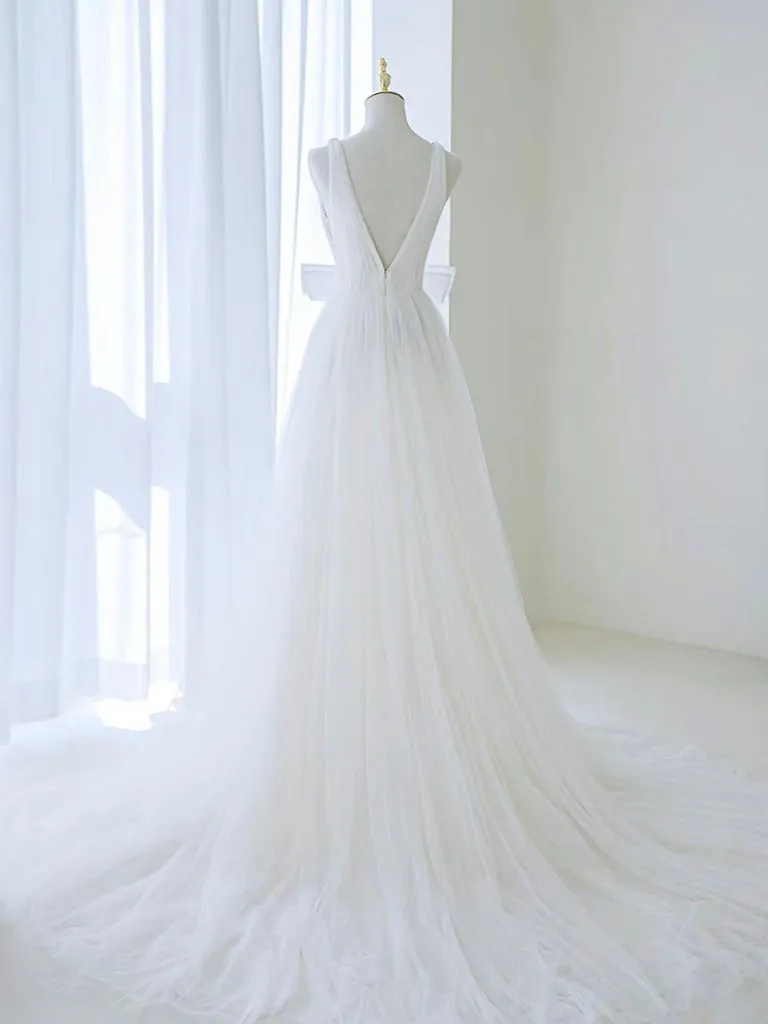 A-Line V Neck White Tulle Long Wedding Dress with Bow sold by KissProm product image thumbnail 2