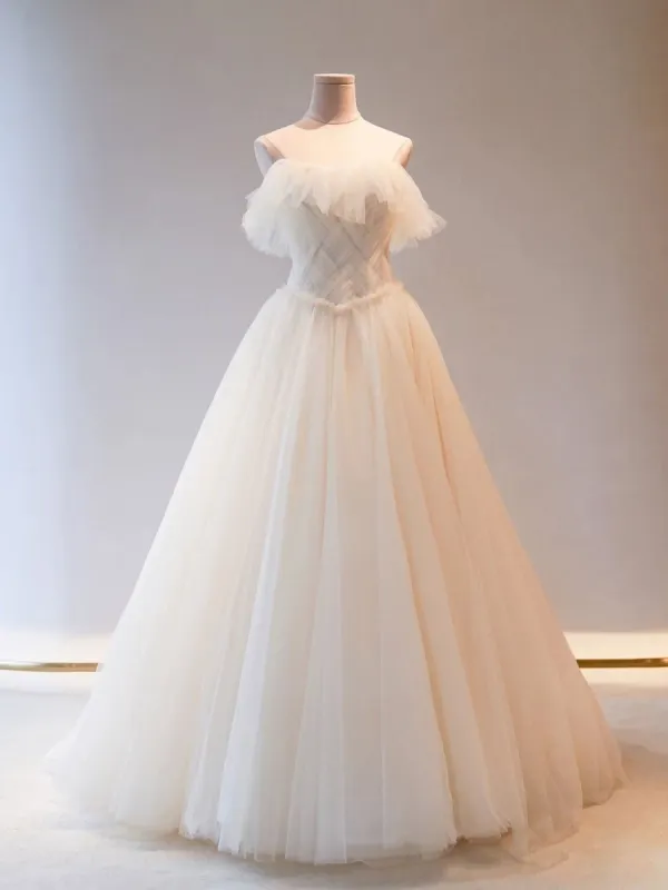 Unique Light Champagne Tulle Long Prom Dress, Tulle Formal Wedding Dress made by KissProm