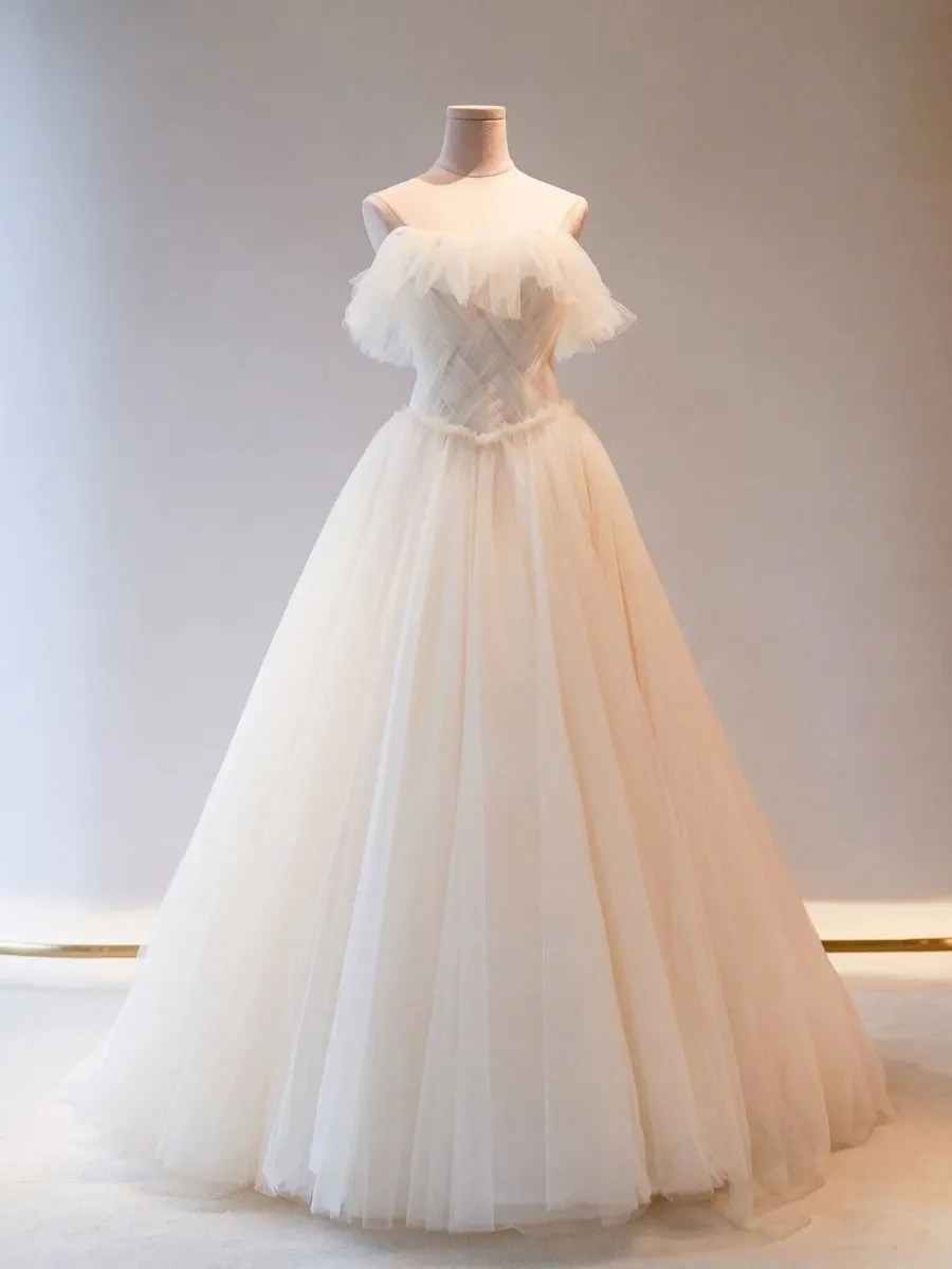 Unique Light Champagne Tulle Long Prom Dress, Tulle Formal Wedding Dress sold by KissProm