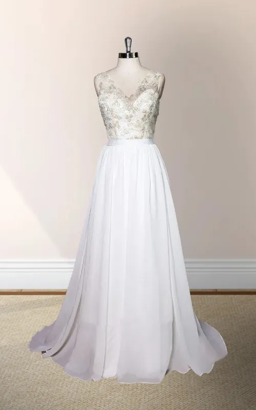 V-Neck Sleeveless Chiffon Wedding Dress With Golden Lace Bodice made by KissProm