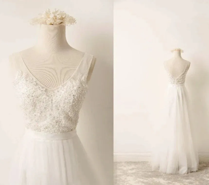 A-Line Tulle Lace V Neck Wedding Dress With Sweep Train sold by KissProm product image thumbnail 4