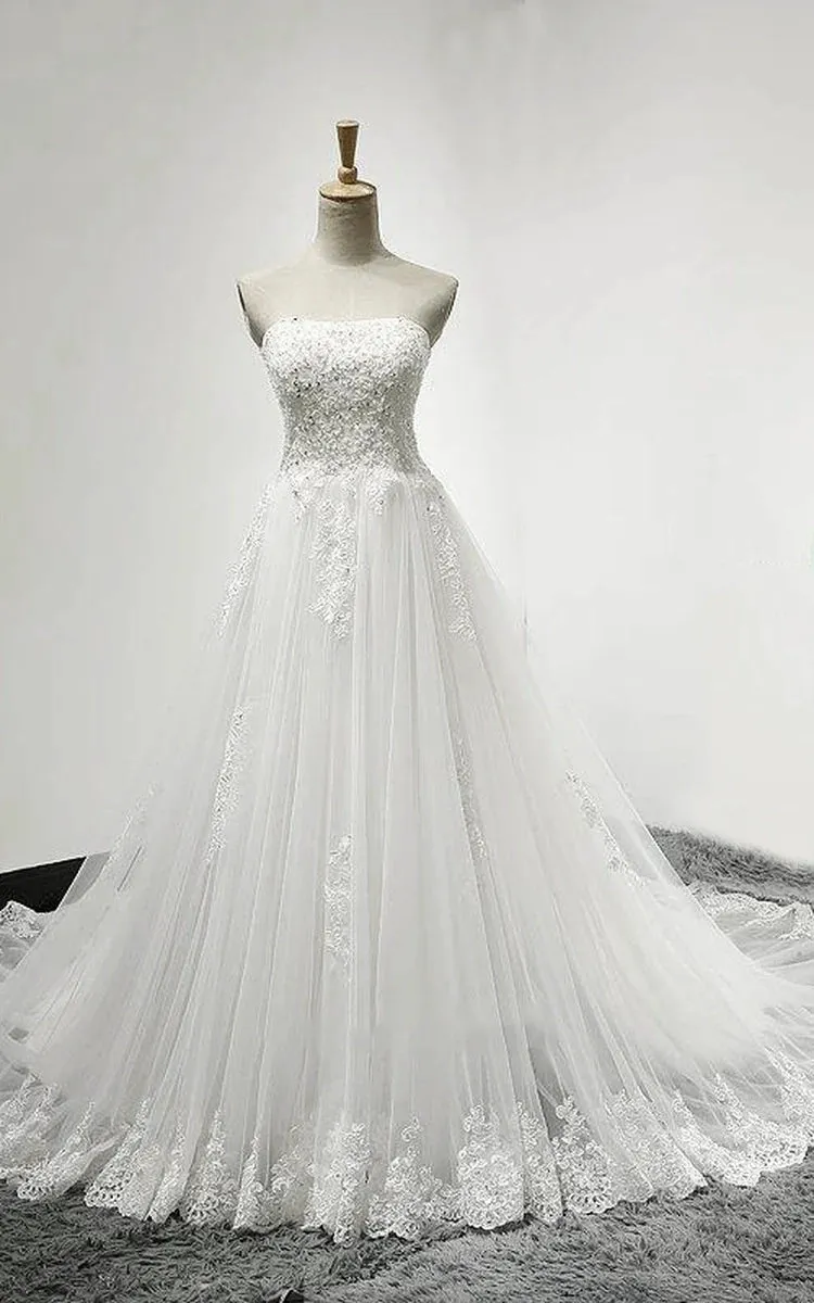 Strapless Tulle Wedding Dress With Lace Bodice Court Train sold by KissProm