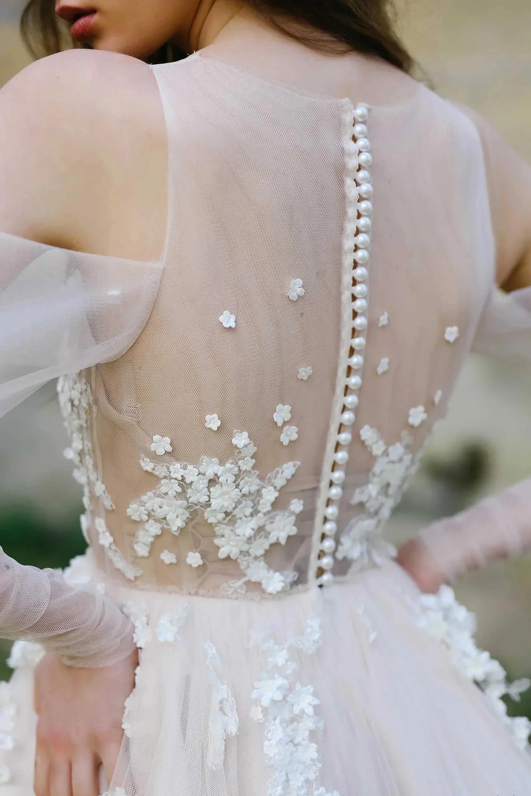 Illusion Off-the-Shoulder Tulle Sweep Train Flower Appliqued Wedding Dresses sold by KissProm product image thumbnail 3