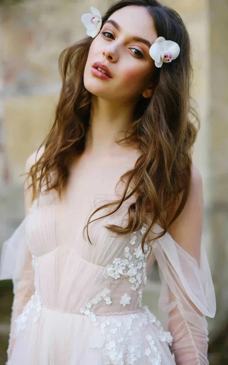 Illusion Off-the-Shoulder Tulle Sweep Train Flower Appliqued Wedding Dresses sold by KissProm product image thumbnail 2