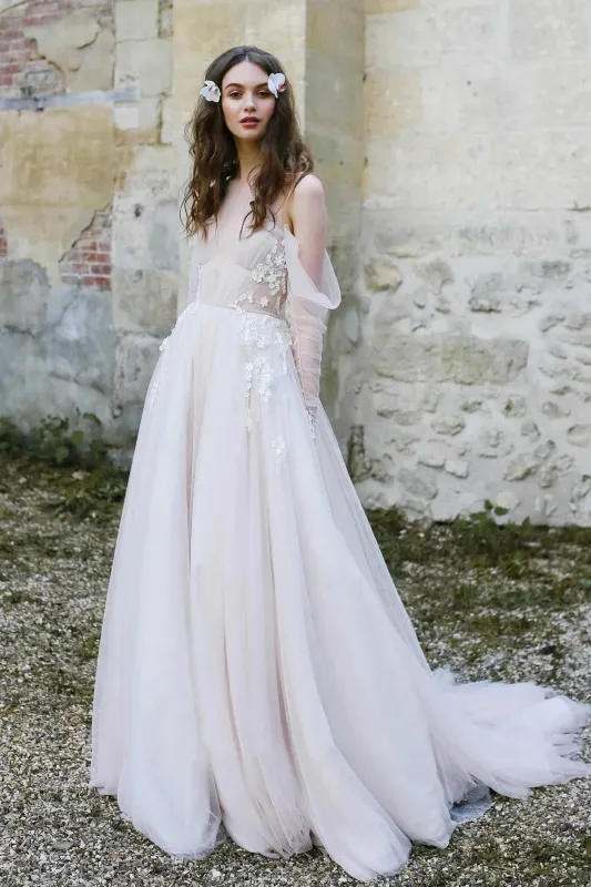 Illusion Off-the-Shoulder Tulle Sweep Train Flower Appliqued Wedding Dresses made by KissProm