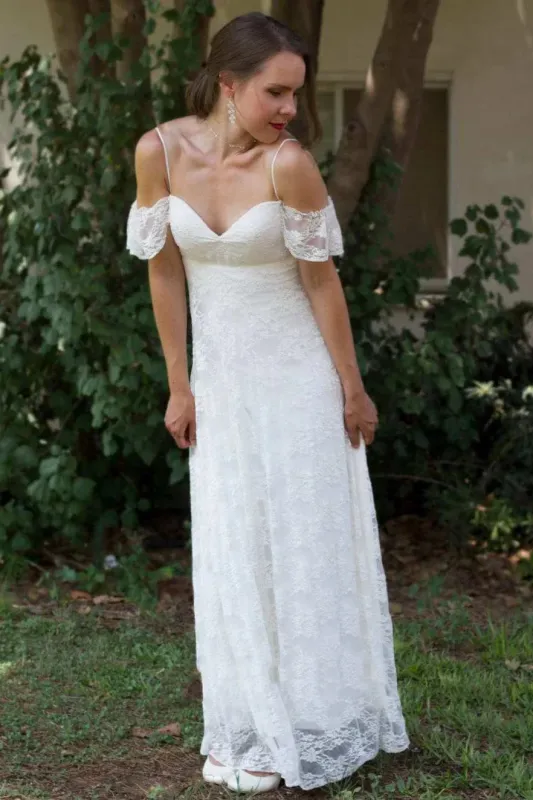 Spaghetti Straps Off-The-Shoulder Lace Floor-Length Wedding Dress made by KissProm
