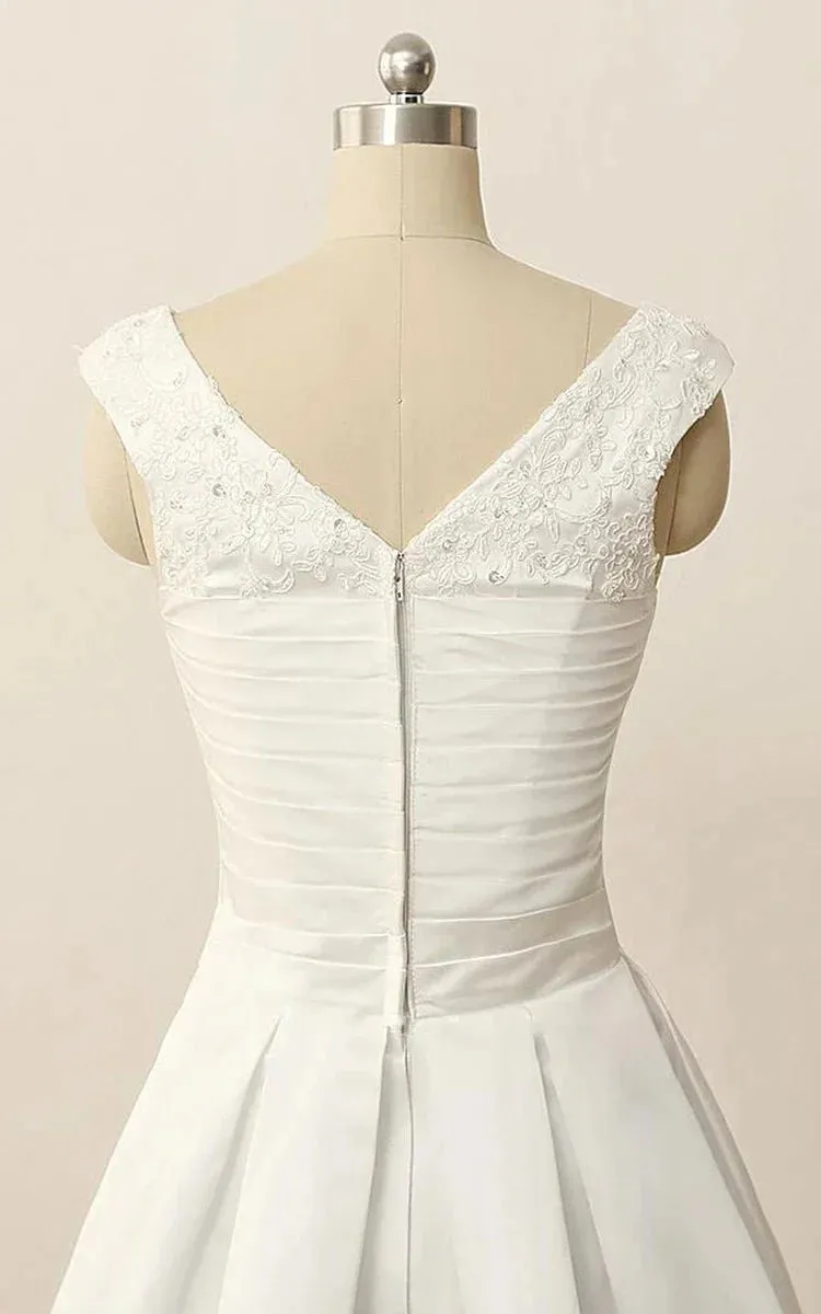 Short V-Neck Pleats Beading Appliques Zipper Satin Wedding Dress sold by KissProm product image thumbnail 5