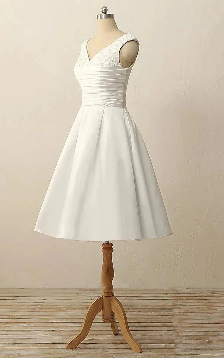 Short V-Neck Pleats Beading Appliques Zipper Satin Wedding Dress sold by KissProm product image thumbnail 2